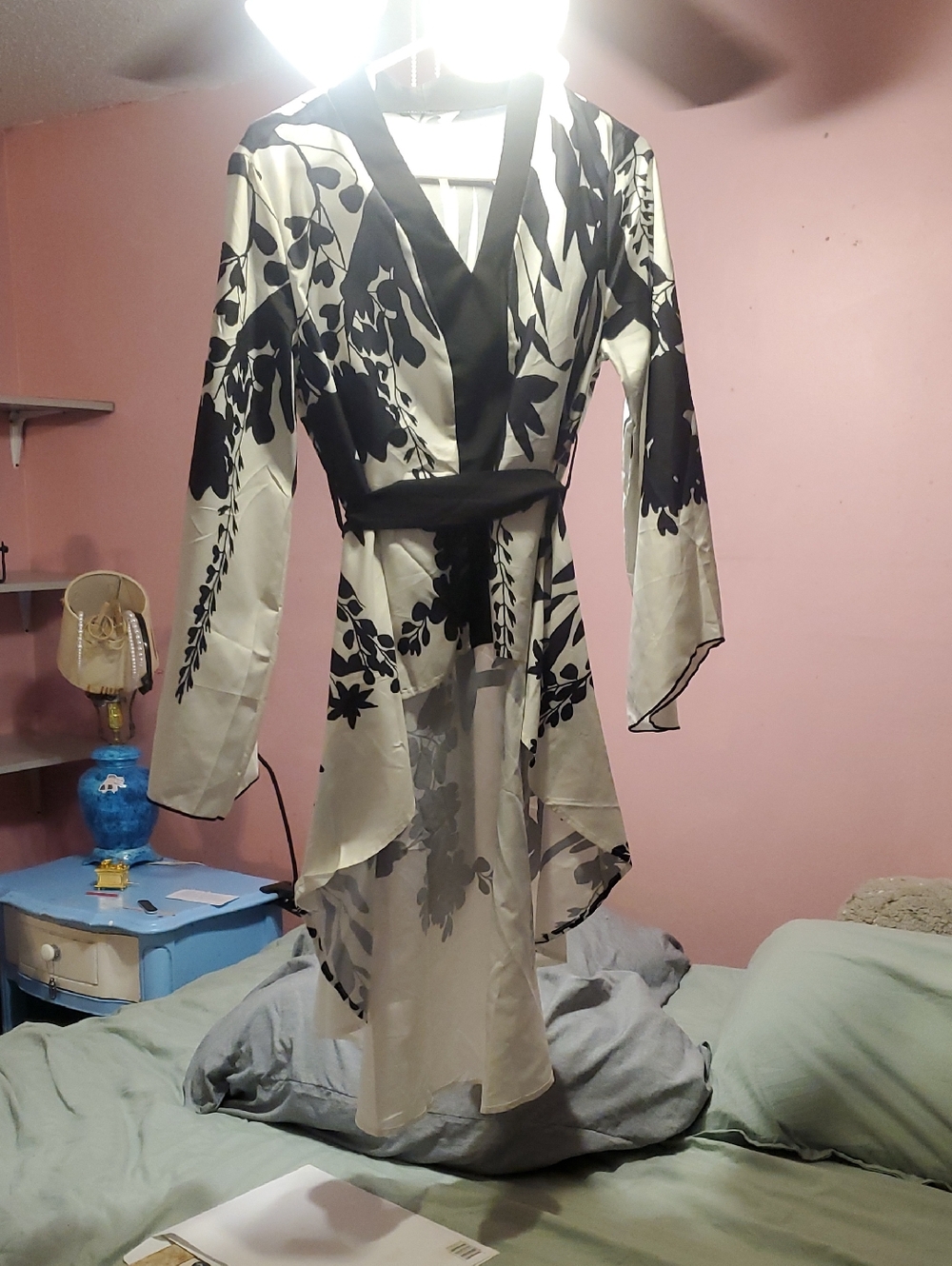 Black & Ivory Floral Satin Wrap Robe with Belt